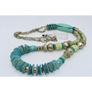 Chico’s Long Beaded Necklace Turquoise Wood Brass 44 Inch New With Tags